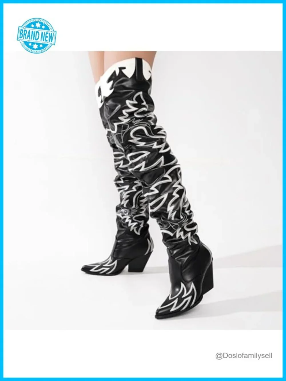 Faux Leather Pointed Toe Block Heel Cowboy Boots